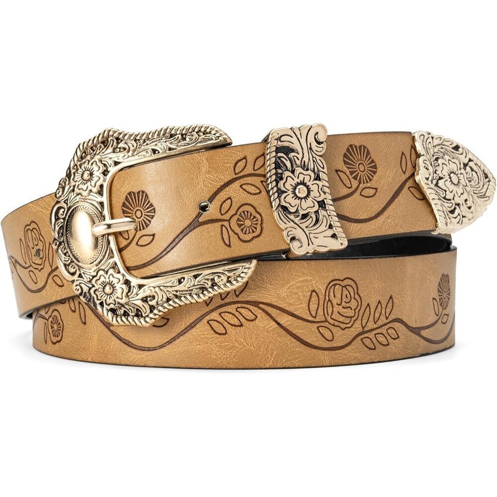 Women's Brown Vintage Ladies Western Belt Adjustable Cowgirl Belts For Jeans